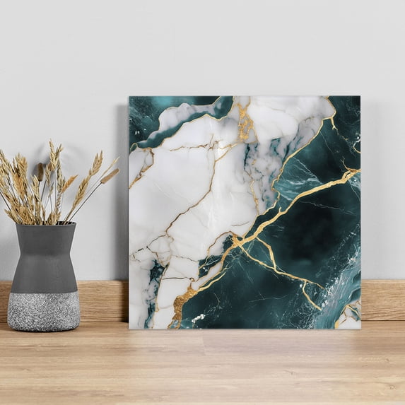 Marble Turquoise Wall Art Painting on Canvas, Abstract Gold White Brick Stone Motif Canvas Art Home Prints Wall Art Framed Modern Artwork for Living Room Bedroom Wall Decor 16x16in