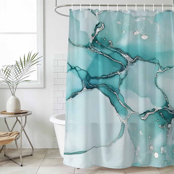Marble Turquoise Waterproof Shower Curtain, Large 72"x78" Washable Polyester Fabric Shower Curtains for Bathroom, Abstract Nature Cracks Silver Wavy Decorative Bathtub Curtain Sets with Hooks