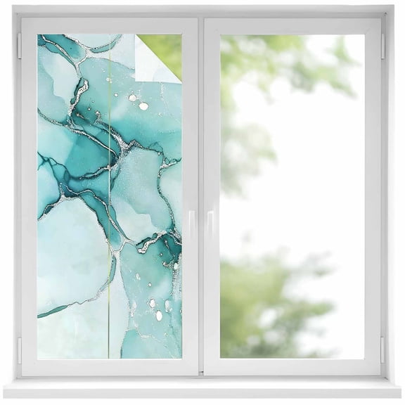 Marble Turquoise Window Privacy Film, Abstract Nature Cracks Silver Wavy Static Cling UV Sun Blocking Heat Control Window Tint Day and Night, Non-Adhesive One Way Windows Privacy Cover 19.6''x39.3''