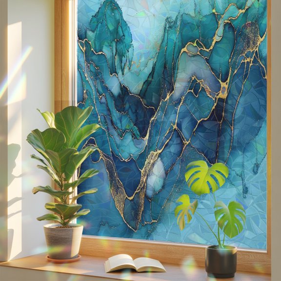 Marble Turquoise Window Privacy Film, Gradient Gold Marbling Modern Art Stained Glass Rainbow Film Decorative Window Clings, Static Cling Sun Blocking Stickers 17.7" x 39.3"