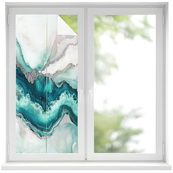 Marble Turquoise Window Privacy Film, Modern Abstract Luxury Silver Texture Frosted Glass Window Clings Static Cling UV Heat Blocking Reusable Door Sticker for Bathroom 17.7 x 39.3 Inch