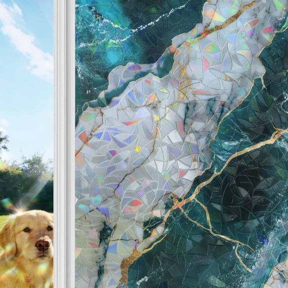 Marble Turquoise Window Privacy Film Stain Glass,Reusable Decorative Rainbow Window Film,Abstract Gold White Brick Stone Motif Static Cling Sun Blocking Stickers Decals Covers 17.7" x 39.3" (2pcs)