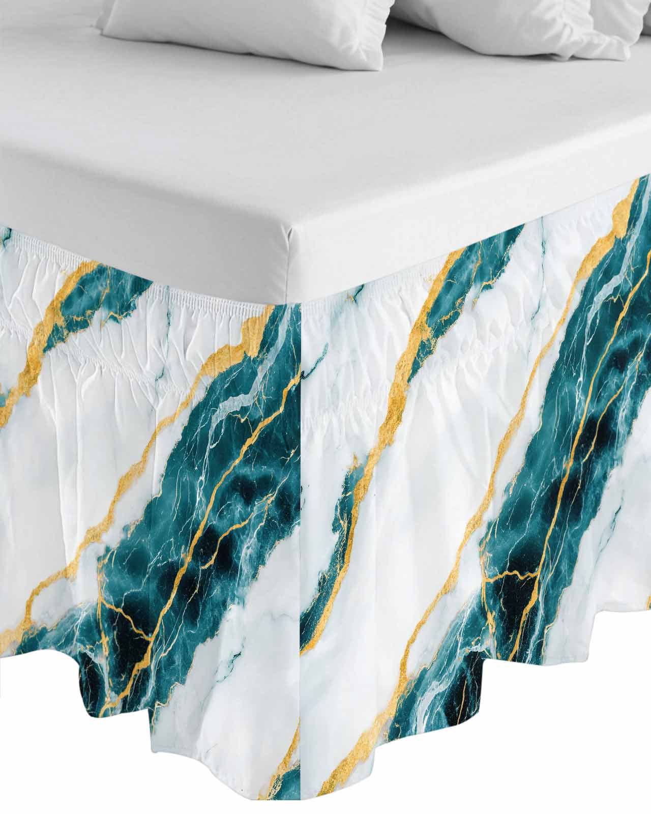 Marble Turquoise Wrap Around Bed Skirts for Queen Bed 16" Drop,Bed Skirt with Adjustable Elastic Belt Dust Ruffle Bed Valance for Bedroom Hotel Gold Foil Ceramic Style Crack Scratch Bed Frame Cover