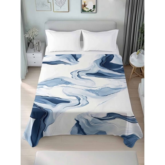 Marble Twim Size Flat Sheet, Wrinkleproof & Fadeproof Cooling Flat Bed Sheet Only, Blue Abstract Neutral Textured Modern Watercolor Breathable Soft Bedding Top Sheets 66 x 96 Inches