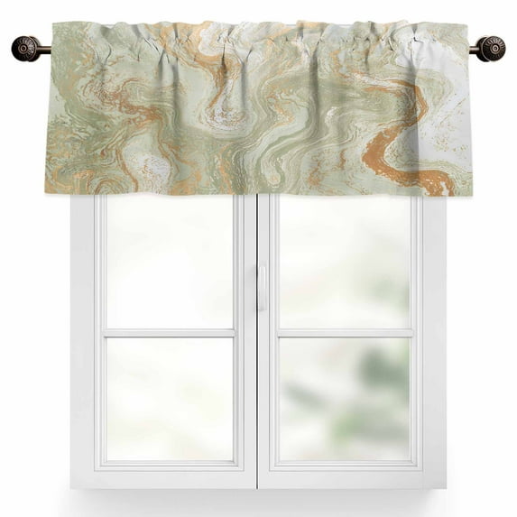 Marble Valances for Windows, 60 x 18in, Abstract Fluid Art Green Brown Marble Texture Modern Rod Pocket Kitchen Valance Curtain Light Filtering Window Treatments for Living Room Bedroom, 1 Panel