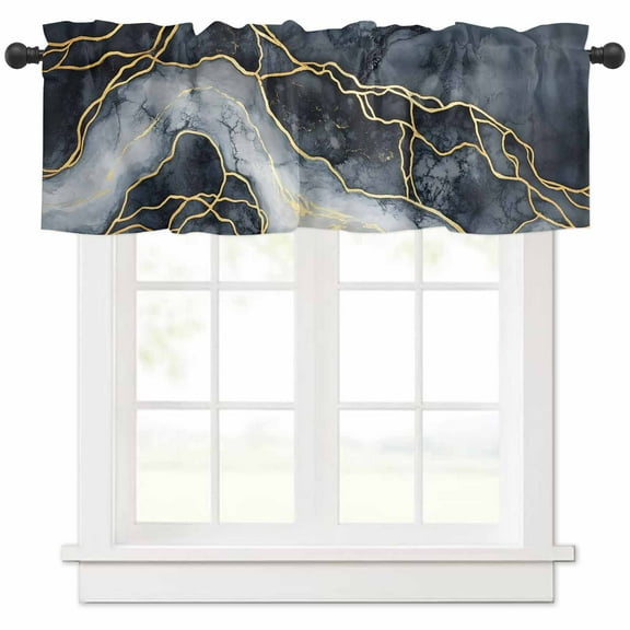 Marble Valances for Windows Farmhouse Kitchen Curtains Valances Rod Pocket Valance Curtains for Kitchen Windows Navy Blue Modern Luxury Gold Texture Window Valances for Bathroom Bedroom 54"x18"