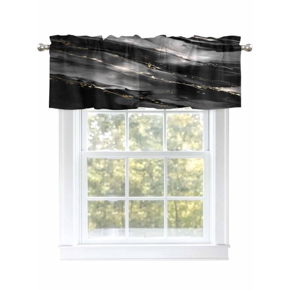 Marble Valances for Windows, Rod Pocket Kitchen Valance Curtains - Soft & Washable Small Window Treatment for Living Room,&nbsp;Bathroom, Black Gold Ombre Texture , 42x12 Inch, 1 Panel