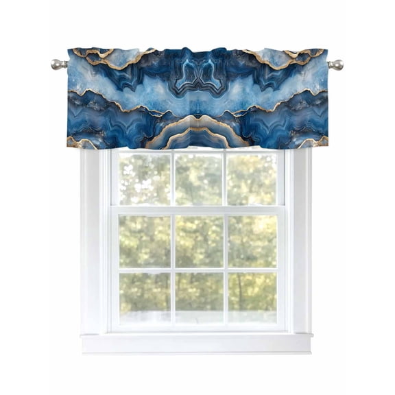 Marble Valances for Windows, Rod Pocket Kitchen Valance Curtains - Soft & Washable Small Window Treatment for Living Room,&nbsp;Bathroom, Blue Gold Modern Texture , 42x12 Inch, 1 Panel