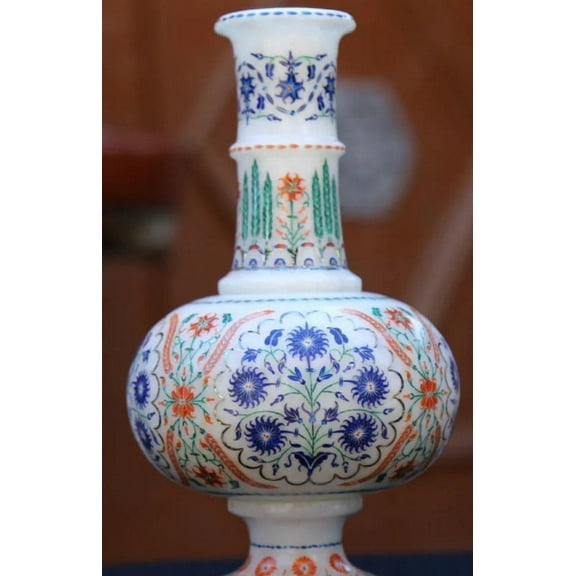 Marble Vase with Inlay Work Featuring Lapis Lazuli, Carnelian, and Malachite Flowers - Tall Stone Flower Pot