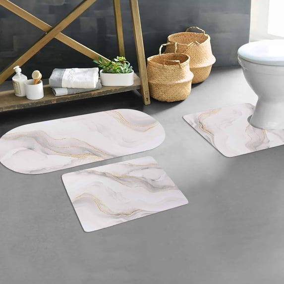 Evideco French Home Goods Elemental Marble Vein Beige, Gold Luxury and Glam Gold Polyester/PU/Rubber Bath Rugs, Set of 3, Non-Slip Backing (3 Count)