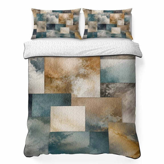 Marble Vein 3 Piece Quilt Bedding Set with 2 Pillow Shams, Abstract Vintage Khaki Teal Cloud Sand Patchwork Lightweight Bedspread Coverlet, Soft Breathable All Season Quilt, 79 x 90 Inch