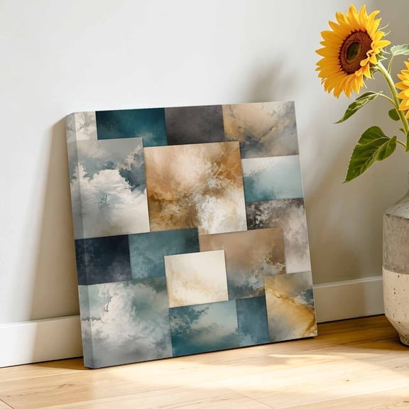 Marble Vein Canvas Wall Art, Abstract Vintage Khaki Teal Cloud Sand Patchwork Pictures Wall Decor Wooden Framed Artwork Art Prints for Living Room Hallway Bedroom Office 8"x8"