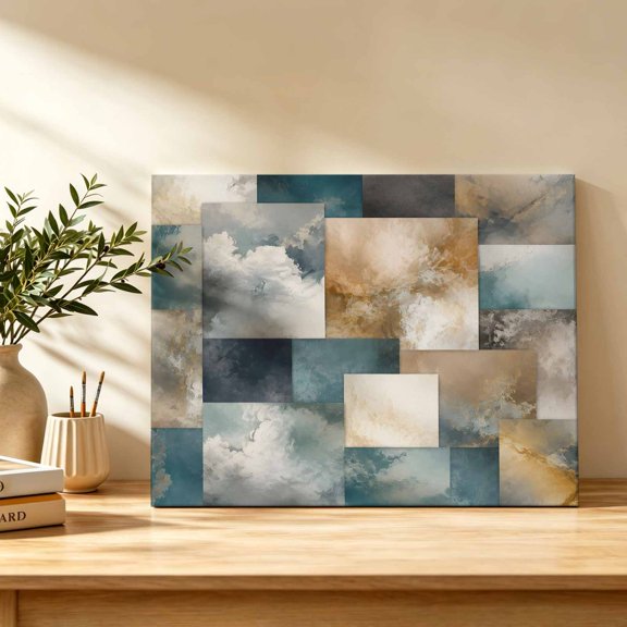 Marble Vein Canvas Wall Art, Abstract Vintage Khaki Teal Cloud Sand Patchwork Wall Art Prints Artwork Framed Canvas Ready to Hang Art Pictures for Bathroom Bedroom Entry Desk Corner 10" x 8"