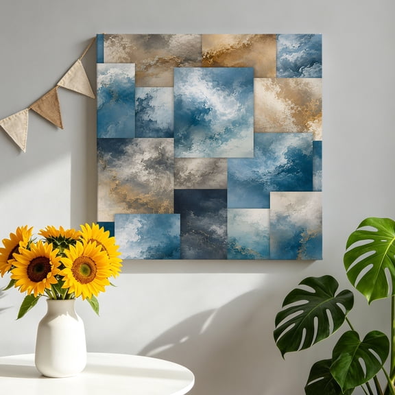 Marble Vein Canvas Wall Art Framed Wall Decor for Living Room Bedroom Bathroom, Abstract Vintage Blue Ochre Cloud Sky Patchwork Canvas Pictures Ready to Hang Decor, 8"x8"
