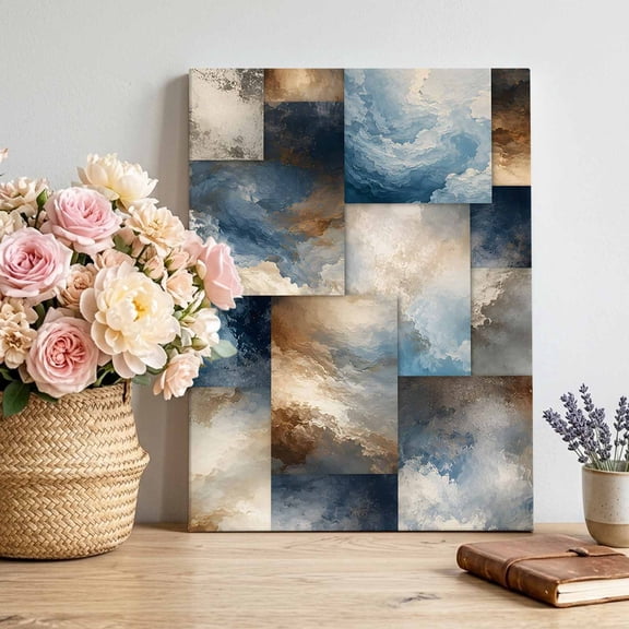 Marble Vein Canvas Wall Art Framed Wall Decor for Living Room Bedroom Bathroom, Abstract Vintage Blue Sand Ochre Cloud Patchwork Canvas Pictures Ready to Hang Decor, 8"x12"