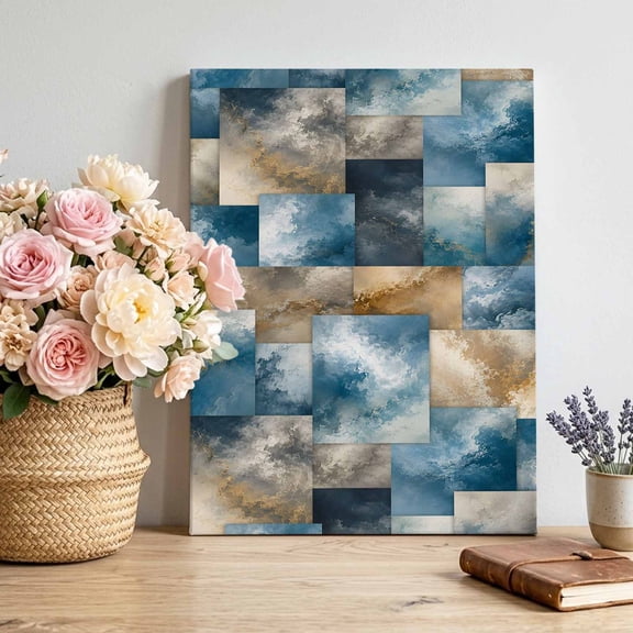 Marble Vein Canvas Wall Art for Living Room, Abstract Vintage Blue Ochre Cloud Sky Patchwork Poster Print Painting for Bedroom Office Home Decoration Wall Pictures Prepare To Hang 8"x12"