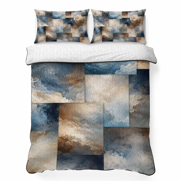 Marble Vein King Quilt Bedding Set, Abstract Vintage Blue Sand Ochre Cloud Patchwork Lightweight Comforter with 2 Pillow Shams Bedroom Bedspread Set Home Decor for All Seasons