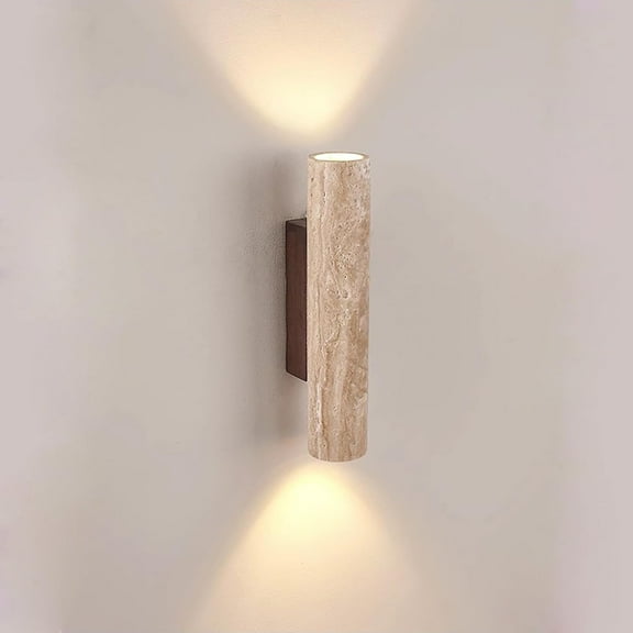 Marble Wall Sconce LED Light, Natural Stone Up Down Wall Lamp with Wood Base, Modern Vintage Fixture for Bedroom & Living Room