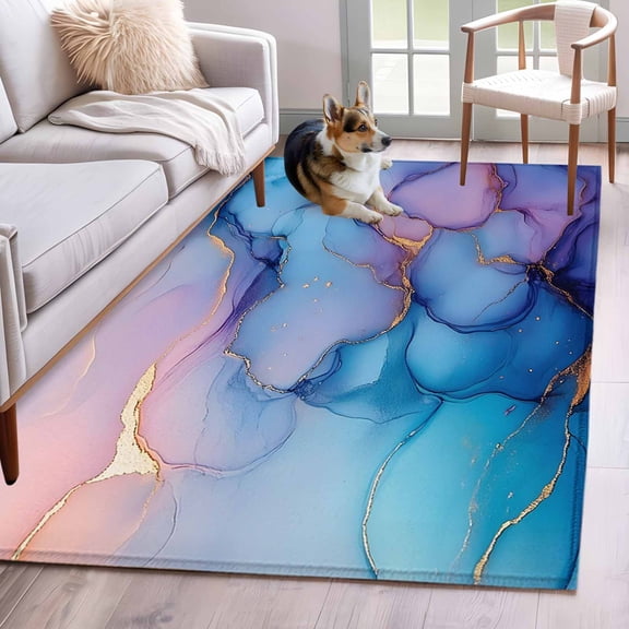 Marble Washable Area Rug 4x6 Abstract Art Purple Blue Gradient Cave Rock Golden Lines Low-Profile Large Area Rugs with Non Slip Backing Indoor Floor Carpet for Entrance Living Room Bedroom Office