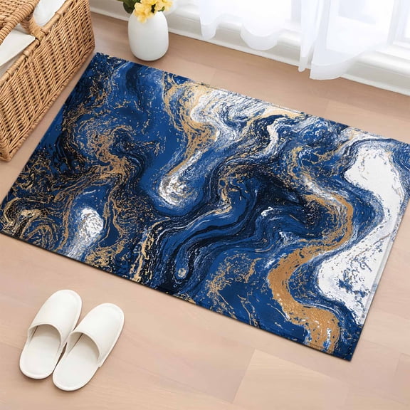 Marble Washable Small Entryway Area Rugs 2'x3', Abstract Fluid Art Dark Blue Brown Marble Texture Modern Low Pile Throw Rug Non-Slip Sturdy Edge Binding Carpet for Front Door Floor Room Entry