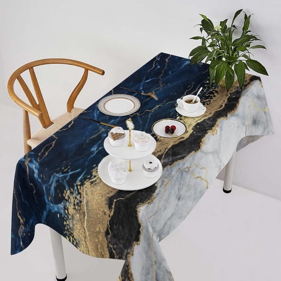 Marble Waterproof Tablecloth,Abstract Navy Blue Marble Gold Foil Fabric Reusable Oil-Proof Table Cover for Kitchen Dining Room Party Holiday Celebration Decor Rectangle-60 x120