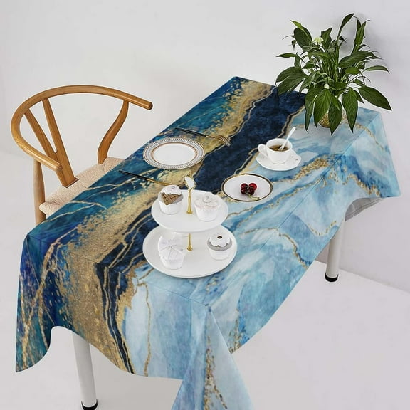 Marble Waterproof Tablecloth,Abstract Navy Blue Marble Silver Liquid Gold Foil Cracked Lines Reusable Oil-Proof Table Cover for Kitchen Dining Room Party Holiday Celebration Decor Rectangle-60 x120