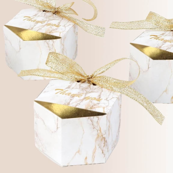 Marble Wedding Party Favor Boxes, Gold Candy Boxes Bags Hexagonal Chocolate Treat Gift Boxes with Ribbons for Bridal Decoration