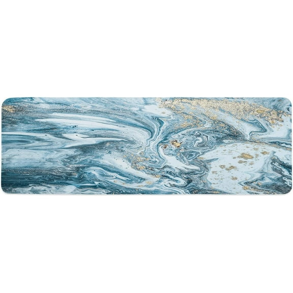 Marble White Blue and Gold Abstract Liquid Kitchen Mat Rug 1 PCS Runner Rug Anti-Fatigue Comfort Memory Foam Standing Mat Non-Slip Floor Door Mat for Bathroom Bedroom 18x47in