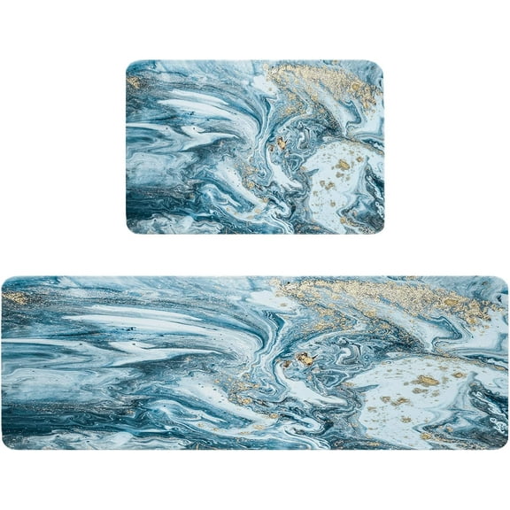 Marble White Blue and Gold Abstract Liquid Kitchen Mat Rug Set of 2 Runner Rug Anti-Fatigue Comfort Memory Foam Standing Mat Non-Slip Floor Door Mat for Bathroom Bedroom 18x30in+18x48in