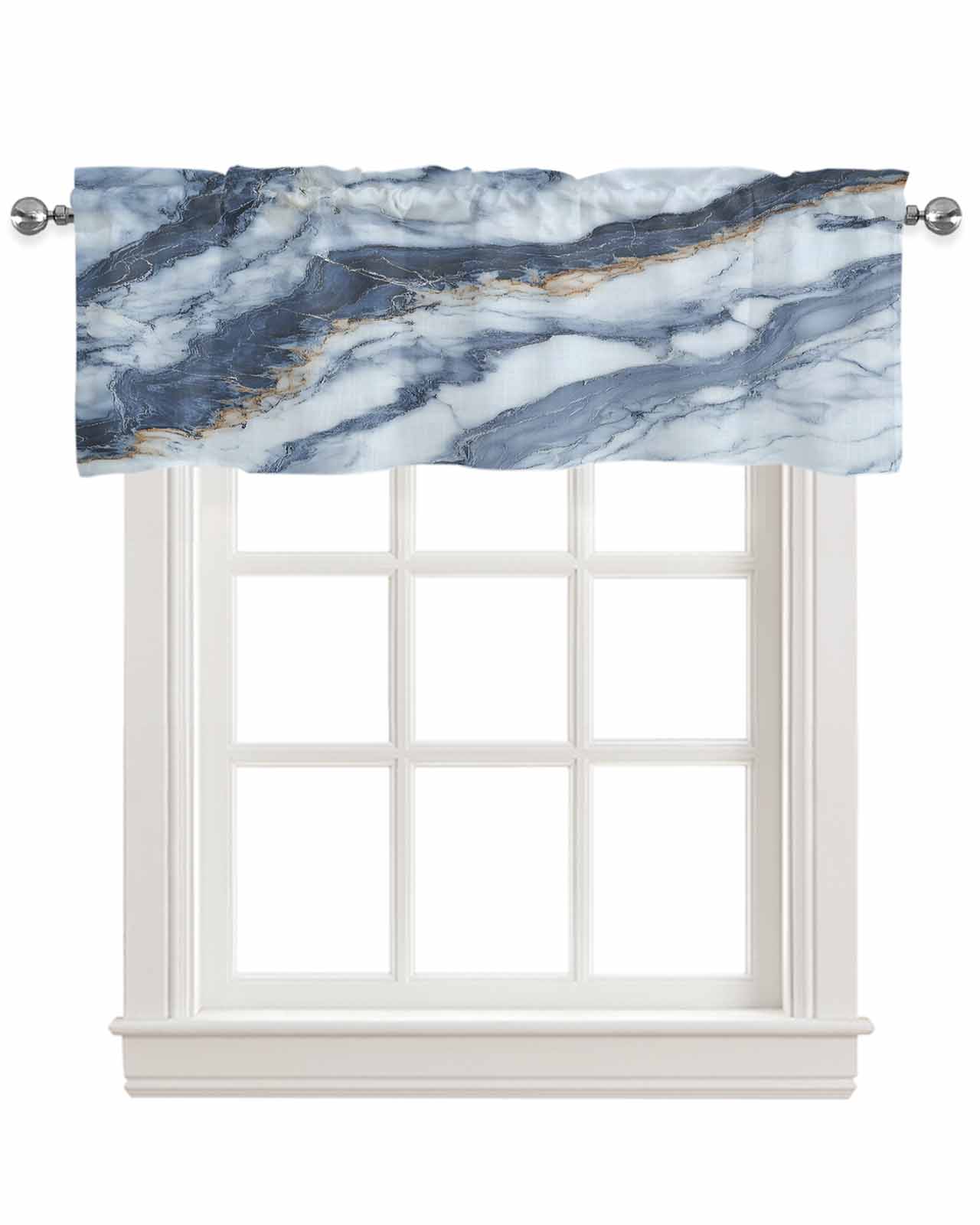Marble White Blue Kitchen Valances for Windows Farmhouse Linen Window Valance Curtain for Living Room Window Treatment Modern Abstract Art Ink Painting Valance Rod Pocket Topper Drape, 42 x 18 Inch
