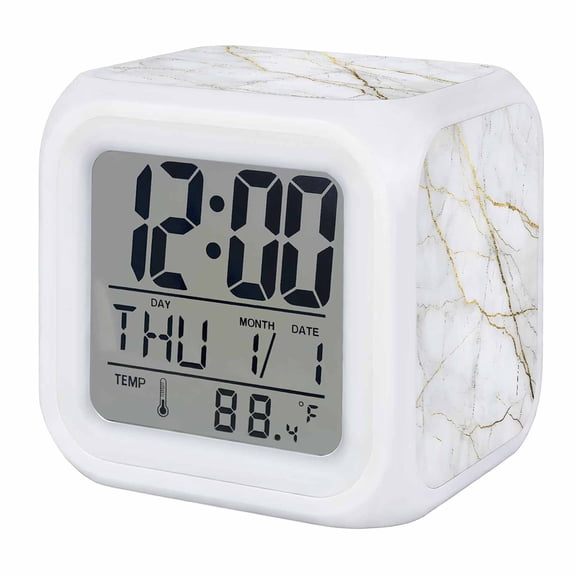 Marble White Digital Alarm Clock for Bedrooms, Smart LED Alarm Clock with 7 Color Changing Night Light, Modern Abstract Art Golden Ink Painting Silent Wake Up Clocks for Sleep Study Cooking 3.2"x3.2"