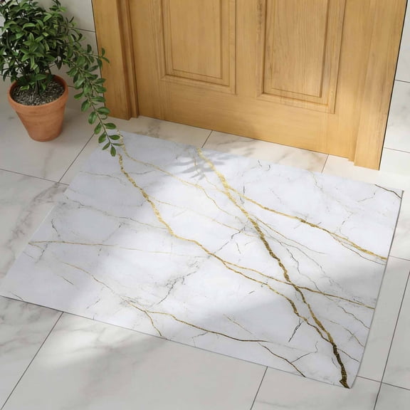 Marble White Door Mat, Non Slip Bathroom Rugs, Modern Abstract Art Golden Ink Painting Absorbent Floor Mats, Washable Runner Rug Indoor Doormat for Front Door Entrance, Patio, Garage 16"x24"
