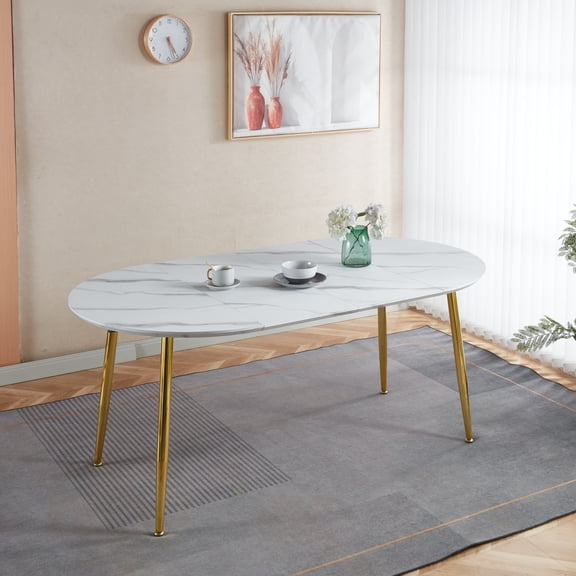 Marble White Extensible Dining Table with Gold Metal Leg – 3-in-1 Expanding Table 39.4" to 70.9" for Kitchen, Office, Coffee, MDF Top