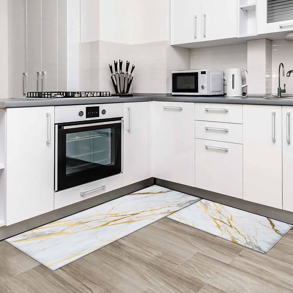 Marble White Gold 2 Pieces Non-Slip Kitchen Mat Set Modern Marbles Geometric Soft Door Mat with Rubber Backing,Dirtproof Rugs for Entrance Doorway 23.6x35.4in+23.6x70.9in
