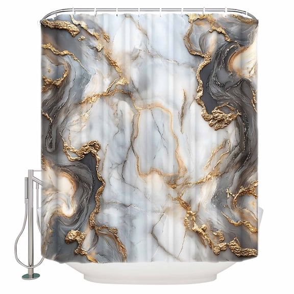 Marble White Gold Bathroom Shower Curtains with 12 Hooks Polyester Waterproof Shower Curtain for Stalls and Bathtubs Abstract Modern Geometric Printed Decorative Bathroom Privacy Curtain 72x96 Inches