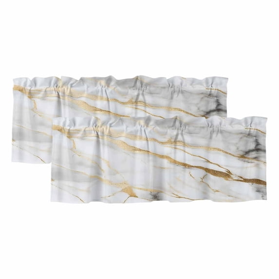 Marble White Gold Curtain Valances for Windows, Kitchen Valance Window Treatments Panel 2 Pack, Abstract Simple Marble Geometric Rod Pocket Short Curtains for Bathroom Bedroom 54 x 18 Inch