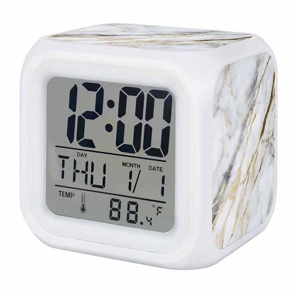 Marble White Gold Digital Alarm Clock for Bedrooms, Smart LED Alarm Clock with 7 Color Changing Night Light, Modern Abstract Geometric Silent Wake Up Clocks for Sleep Study Cooking 3.2"x3.2"