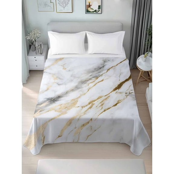 Marble White Gold Full Size Flat Sheet, Wrinkleproof & Fadeproof Cooling Flat Bed Sheet Only, Modern Abstract Geometric Breathable Soft Bedding Top Sheets 81 x 96 Inches
