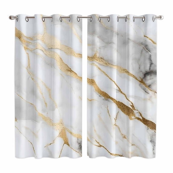 Marble White Gold Kitchen Curtains 63 Inch Length, Abstract Simple Marble Geometric Grommet Top Bedroom Living Room Curtains, Light Filtering Cafe Curtain Drapes 2 Panels Set 84''x63''