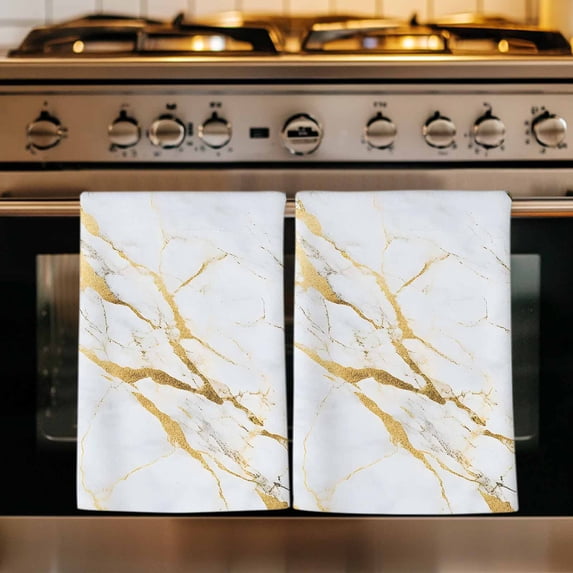 Marble White Gold Kitchen Towels Set of 1, Modern Marbles Geometric Absorbent Dish Towels for Kitchen, Microfiber Hand Towel, Quick Drying Tea Towel for Cleaning Decorative Dishcloths