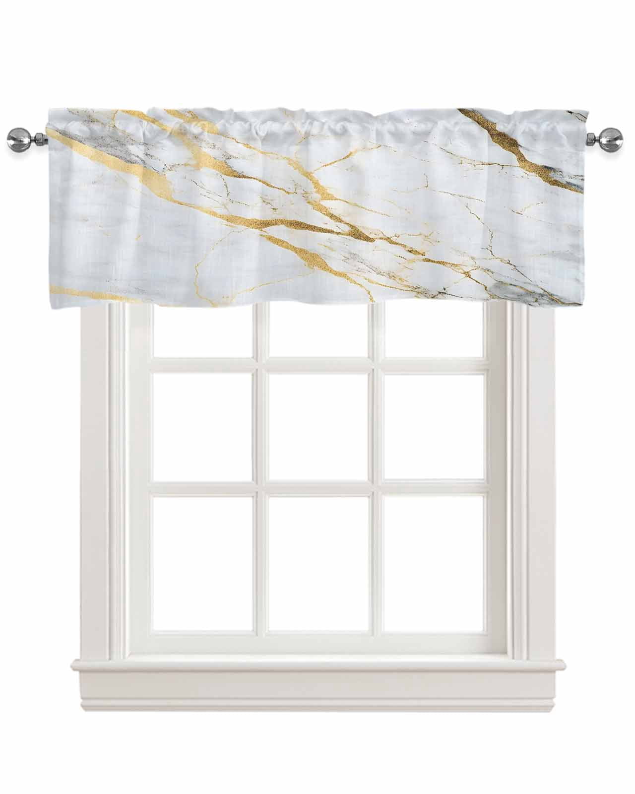 Marble White Gold Kitchen Valances for Windows Farmhouse Linen Window Valance Curtain for Living Room Window Treatment Modern Marbles Geometric Valance Rod Pocket Topper Drape, 54 x 18 Inch