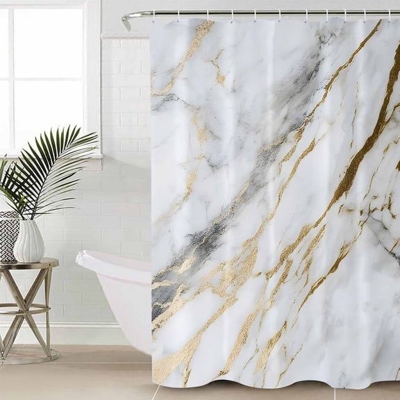 Marble White Gold Long Shower Curtain Set, Waterproof Shower Curtains for Bathroom, Modern Abstract Geometric Washable Fabric Cloth Bath Curtain for Bathtub Decoration with Hooks 72x84 Inches