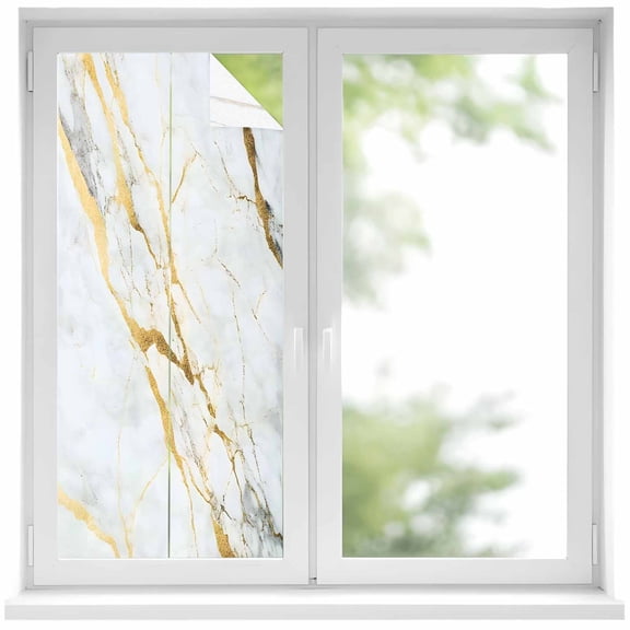 Marble White Gold Privacy Window Film, Decorative Frosted Glass Window Film, Modern Marbles Geometric Reusable Peel and Stick Static Cling for Home Bathroom Office Glass Door 17.7"x39.3"