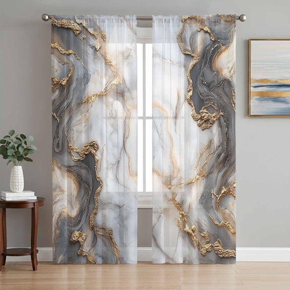 Marble White Gold Sheer Curtains 63 Inch Length 2 Panels Set, Abstract Modern Geometric Printed Voile Window Treatment Rod Pocket Curtains Sheers Drapes for Bedroom/Living Room/Kitchen 52x"63"x2
