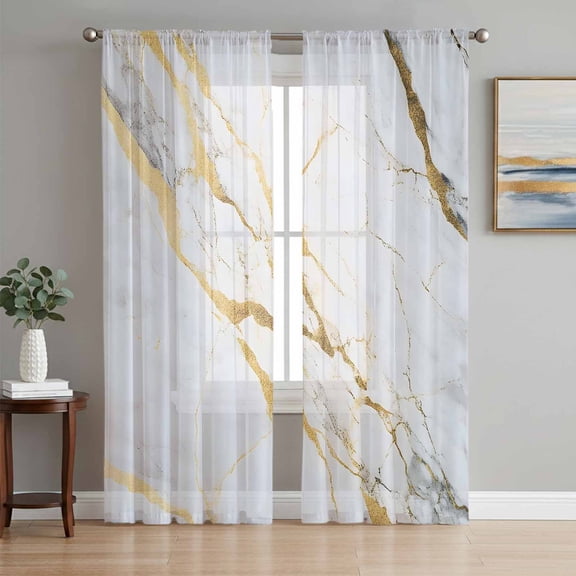 Marble White Gold Sheer Curtains 63 Inch Length 2 Panels Set, Modern Marbles Geometric Voile Window Treatment Rod Pocket Curtains Sheers Drapes for Bedroom/Living Room/Kitchen 52x"63"x2