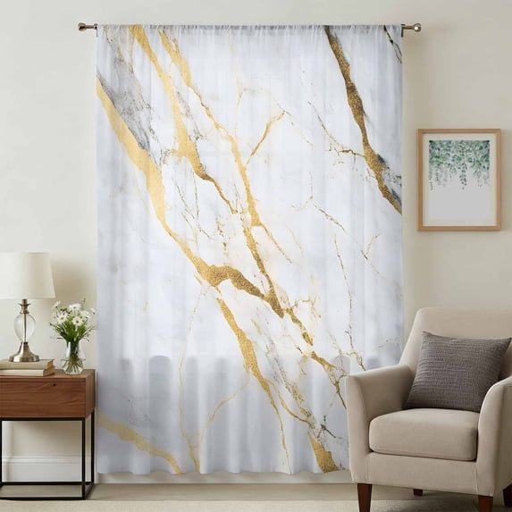 Marble White Gold Sheer Curtains 84 Inches Long, Modern Marbles Geometric Light Filering Curtains, Breathable Simi Curtain Privacy Drapes for Living Room Bedroom Lightweight Window Treatment