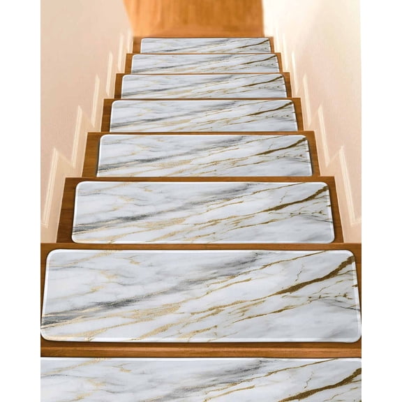 Marble White Gold Stair Treads for Wooden Steps Indoor Runner Rug Carpet, Modern Abstract Geometric 4 Pieces Peel and Stick Staircase Step Treads Covers Washable Throw Door Mats, 30"x8"