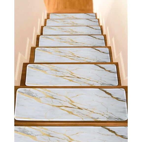 Marble White Gold Stair Treads for Wooden Steps Indoor Runner Rug Carpet, Modern Marbles Geometric 7 Pieces Peel and Stick Staircase Step Treads Covers Washable Throw Door Mats, 30"x8"