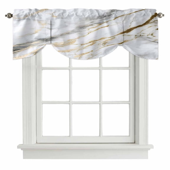 Marble White Gold Tie Up Valance Curtains for Windows, Kitchen Curtains Window Shades, Modern Abstract Geometric Light Filtering Roman Curtain Valances for Bedroom/Bathroom/Cafe 42"x12"