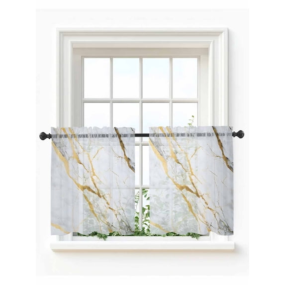 Marble White Gold Tier Curtains 36 Inch Length, Sheer Curtains for Bedroom Living Room Window Modern Marbles Geometric Rod Pocket Voile Drapes Kitchen Curtains Small Half Window 27.5"x36" 2 Panels